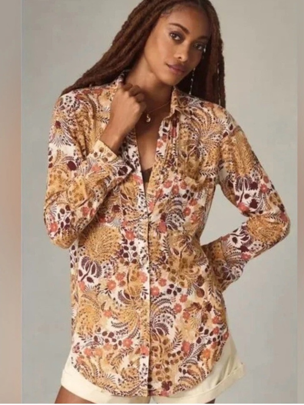Pilcro Floral-Print Long-Sleeve Button-Up Blouse in Mustard and Rust